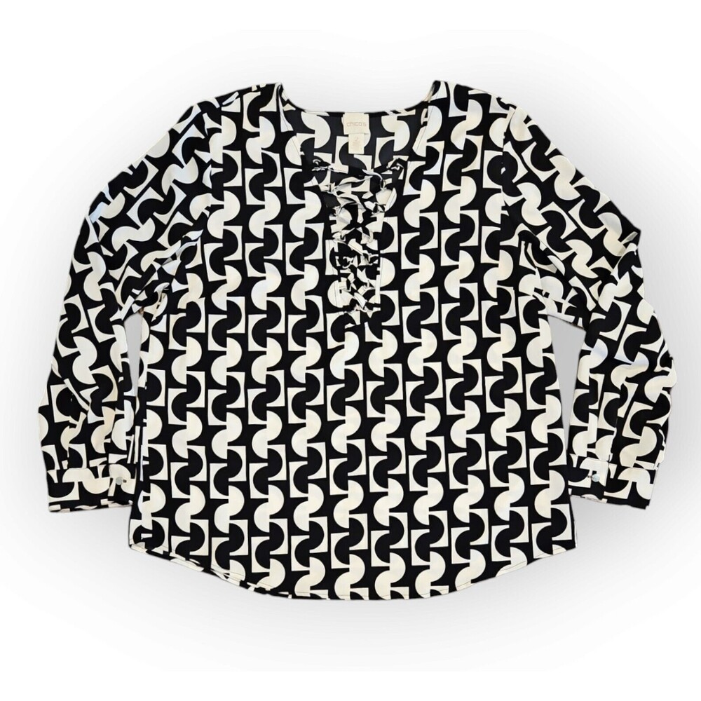 Chicos Blouse Womens Size 2 Black White Abstract LongSleeve Top No WrinkleShirt
